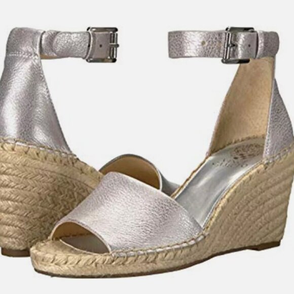 Vince Camuto GUC silver leather upper ankle strap espadrille wedges size 8.5 - Picture 1 of 8